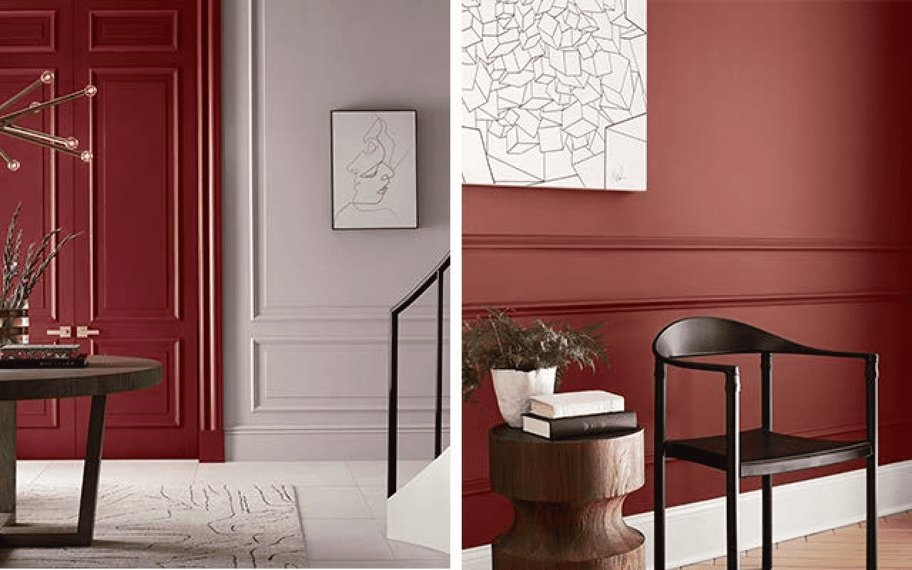 Left image: red double doors, light purple wall with print, center table near stairway, right image: red walls with print, wooden chair with side table and decor.