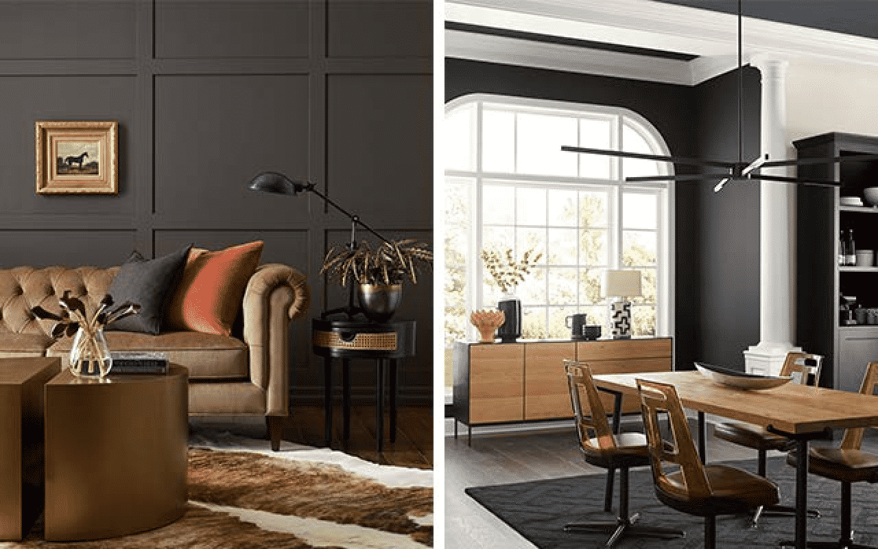 Left image: dark gray walls with bronze couch and table, side table, right image: living room with large window, wooden furniture and black/white walls.