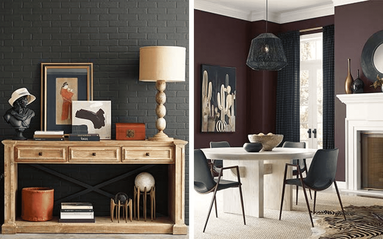Left image: dark gray brick wall with a wooden table filled with decor, right image: dark purple walls in a living room with a round table and chairs, fireplace, and decor.