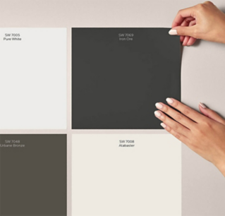 Sherwin-Williams Peel and Stick gray color samples of White Snow SW 9541, Intrepid Gray SW 9556, Mantra SW 9631, and Sea Spray SW 9651.