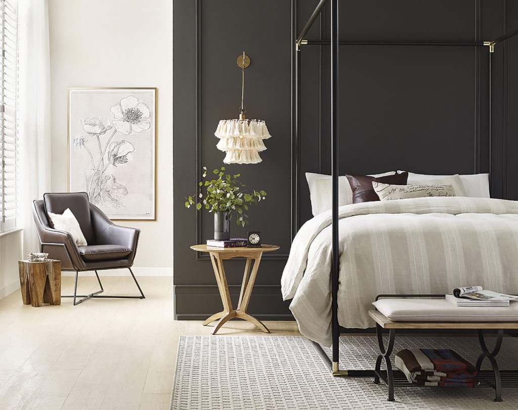 Modern bedroom with SW 7048 urbane bronze colored walls. 