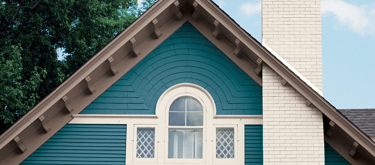 Blue and cream exterior house paint.