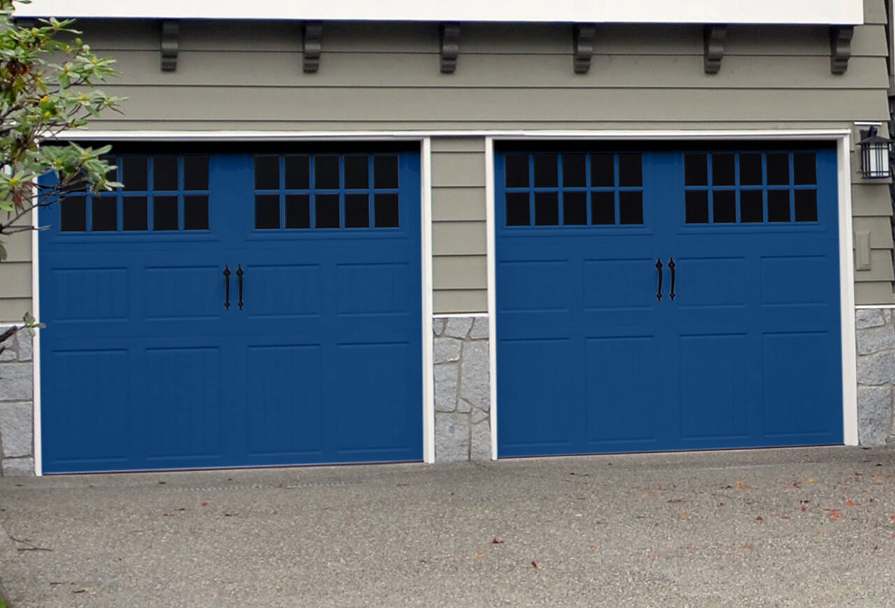 A set of two royal blue garage doors.