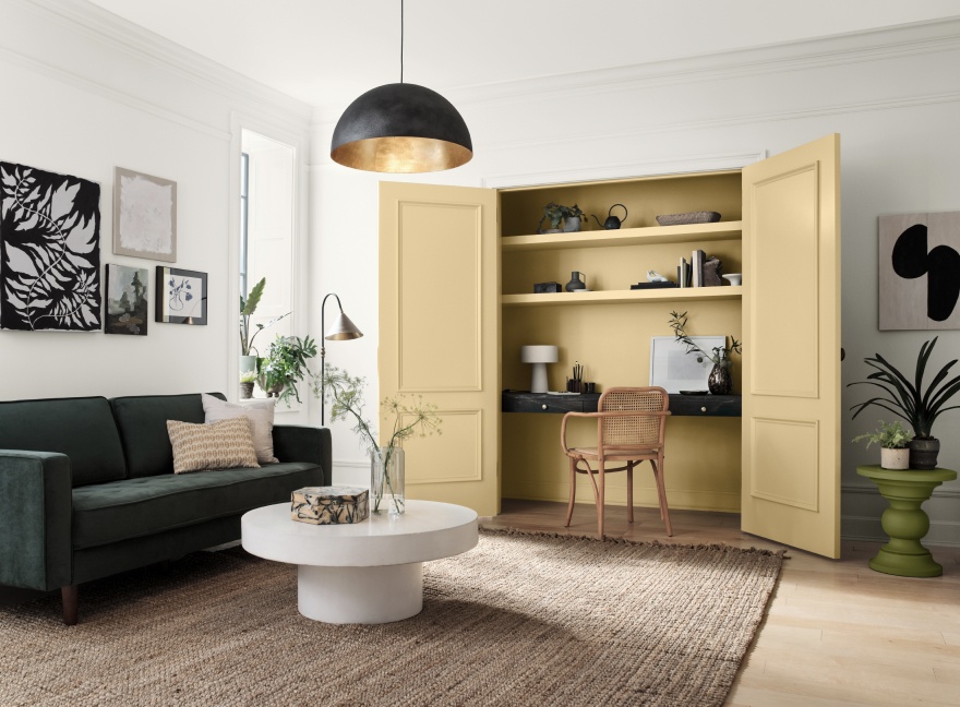 A white living room with leather couch, large neutral rug and yellow closet doors