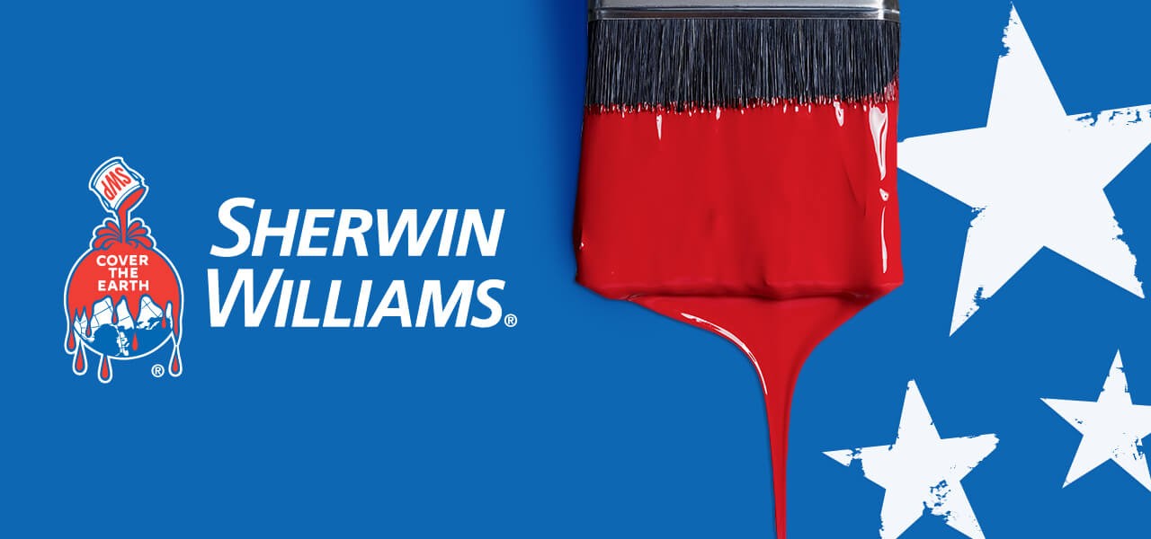 A Sherwin-Williams military banner with red, white and blue designs 